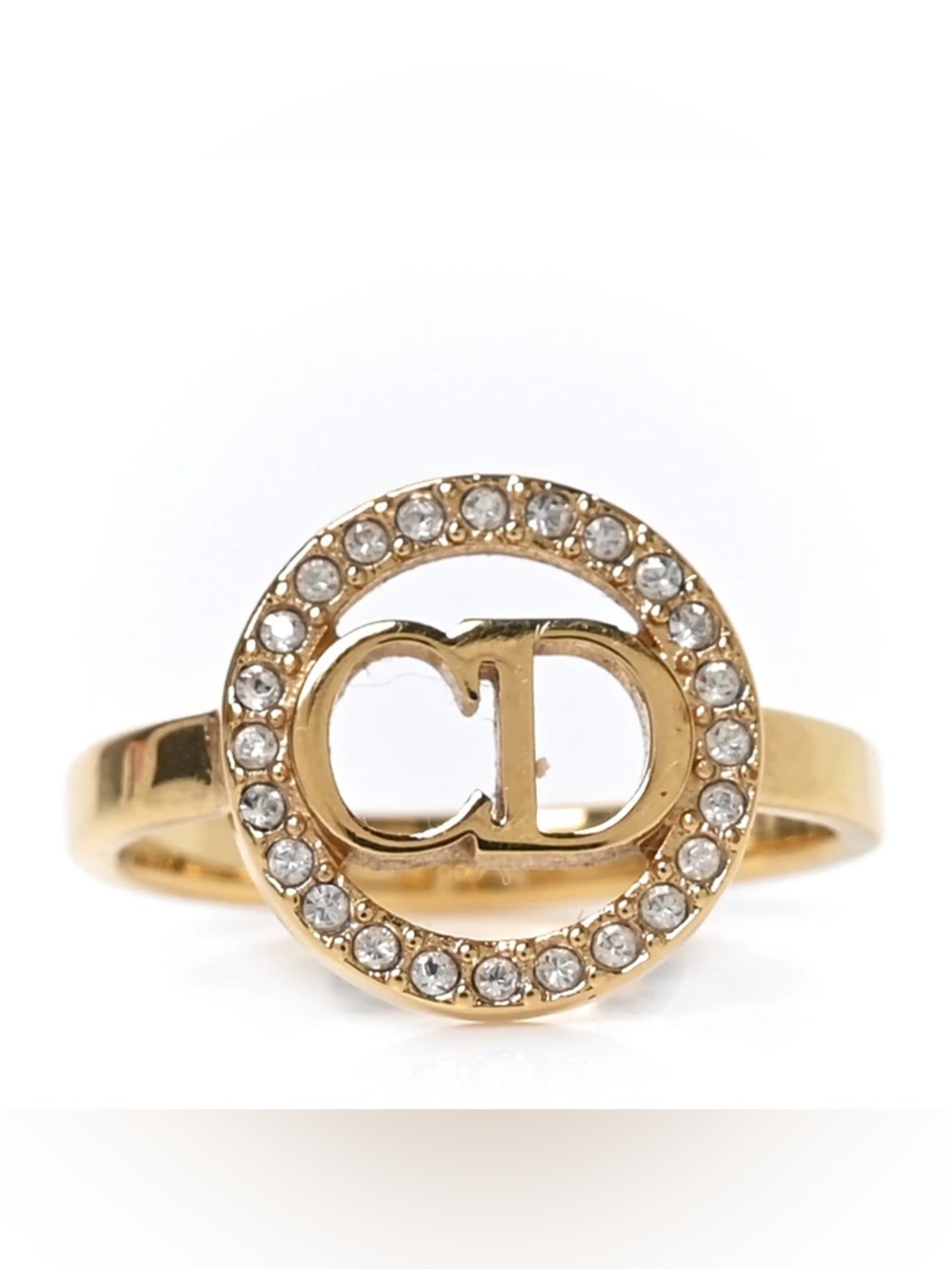Dior Metal Crystal Round CD Ring 6.5 Gold